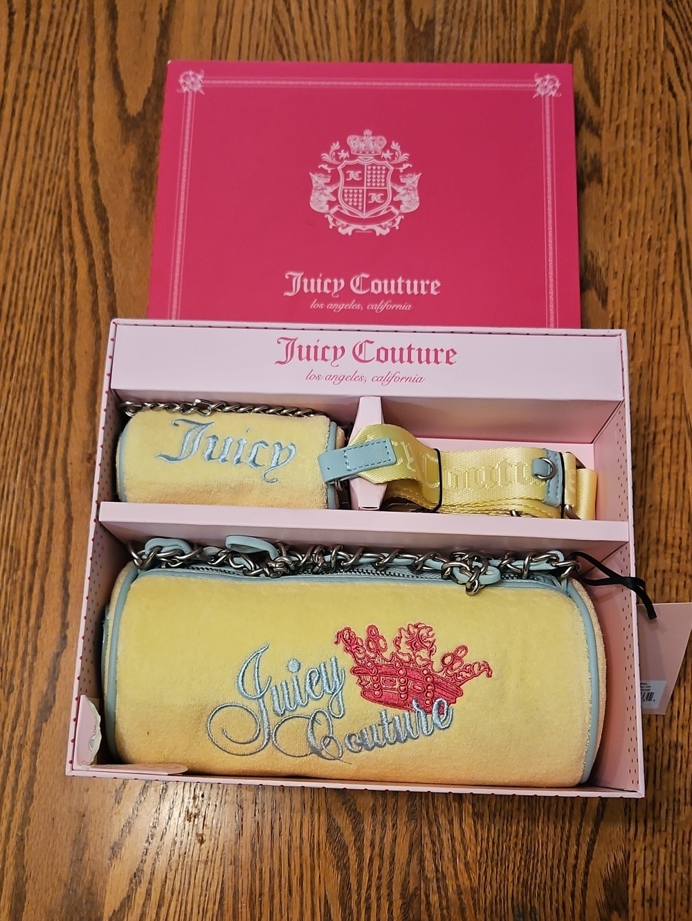 Juicy Couture Yellow Velvet Crossbody Bag with Blue Trim and Pink Crest